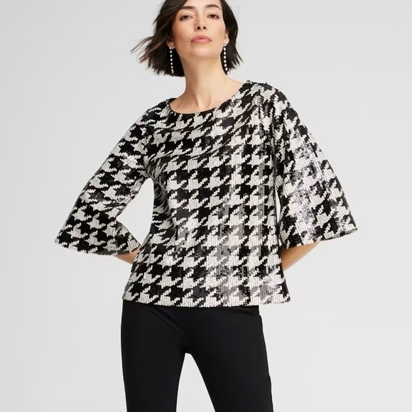 Chico’s Classy Black & White Sequin Houndstooth Flare 3/4 Sleeve Blouse Top - Picture 10 of 10